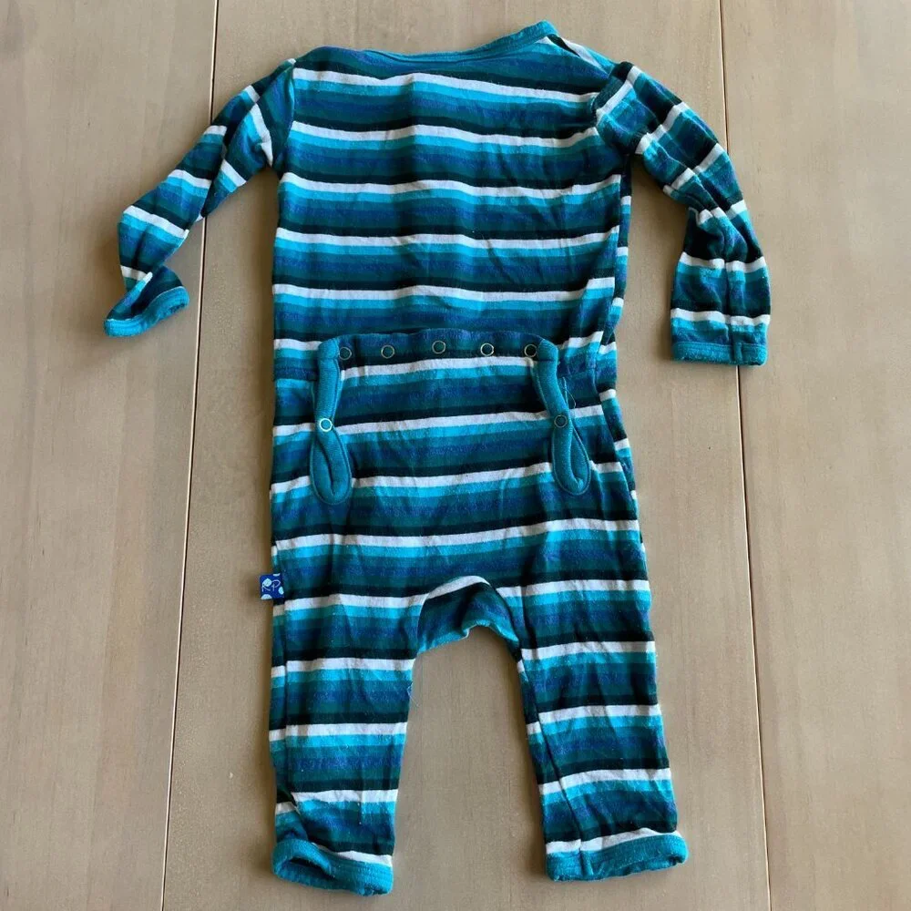KicKee Pants Bamboo‎ Coverall w/ Snaps Romper PJs Outfit, Blue & White, 0-3 Mo.